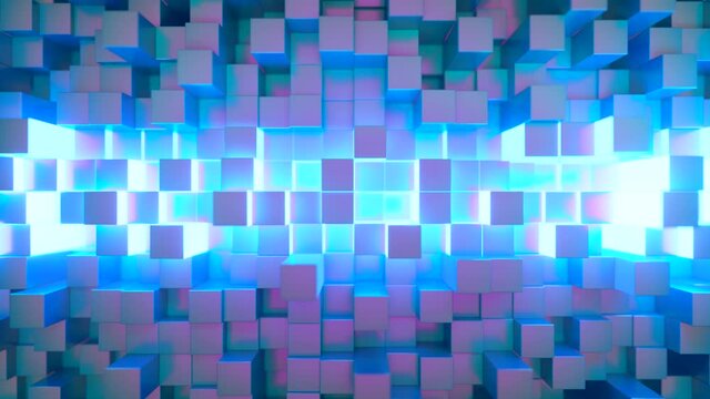 Abstract technology background for business presentations. Randomly moving cubes. Bright neon glow in the middle. Seamless loop 3d render