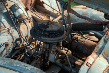 Close Up of engine old rusty vintage retro car.