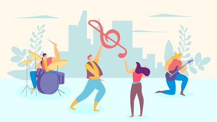 Music band character male female person, man play drum person guitarist flat vector illustration. Lovely sonata guy present treble clef and sings beloved woman, city urban background.