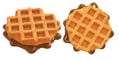 Belgian Waffles with chocolate, isolated on white background. 3d illustration. Clipping path.