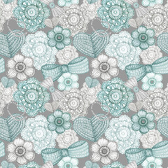 Watercolor Seamless pattern Hobby Crochet heart, bow, flower, hook, buttons on blue background. Scandinavian style Collection of hand drawn mint blue, gray colors elements of Crocheting, knitting