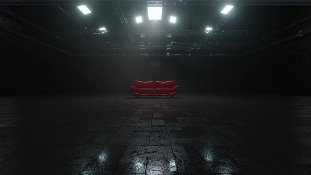 3D rendered animation of shiny red leather sofa in dark room