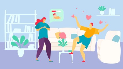 Woman character talk pregnancy man husband about child flat vector illustration. Cozy interior room, male sitting couch female hold pregnancy test. Concept young family people reproduce.