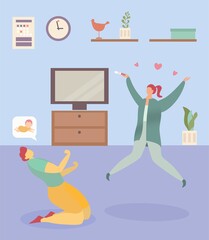 Family joyfully pregnancy new, wife jump hold pregnancy test positive emotion, husband kneeling flat vector illustration. Concept interior cozy room, people lovely reproduce dream child.