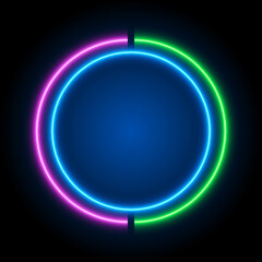Colorful neon round banner, frame on black background, vector illustration.