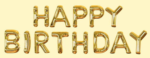 Golden HAPPY BIRTHDAY words made of inflatable balloons isolated on white background. 3d rendering