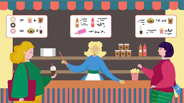 Street Cafe Place, Dessert Shop Waiter Talk Visitor Candy Sweetness Flat Vector Illustration. Fast Food Store Woman Character Eat Bad Dish. Female Rest And Dinner Sweet Foodstuff Convenience Meal.