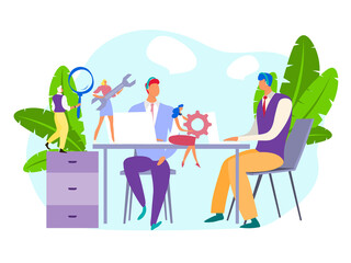 Technical support at business company, vector illustration. Professional tech assistant worker people on employee table in office. Character team with magnifier, wrench, gear, ready for repair.