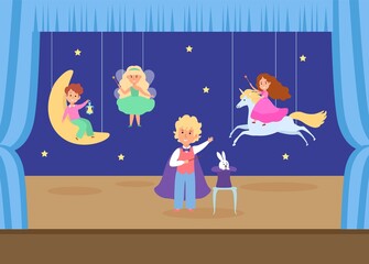 Child character play young school theatre flat vector illustration. Children magic performance, boy conjures girl on unicorn female fairy, kid casting dramatic art sorcery exhibition.