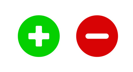 Obraz premium Plus and minus icon set. Vector illustration in flat simple design for mathmatics, calculation, pros and cons, rating concept