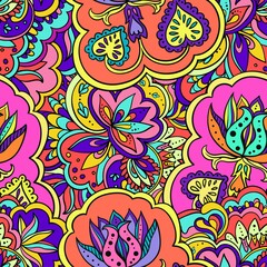 Colorful seamless pattern with plants and floral elements. Bright psychedelic background.  