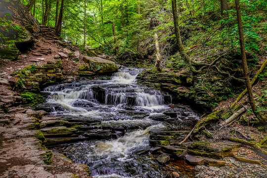 Beautiful landscape image of nature and a waterfall at Rickett's Glen State Park in Pennsylvania.