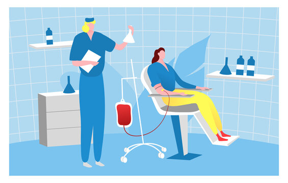 Bloodstream donor people, character doctor male take blood female patient flat vector illustration. Design medical examination room. Hospital chairs therapeutic gratuitous healer, study body fluid.