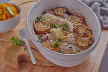 Healthy baked cod fillets in a white oven dish.