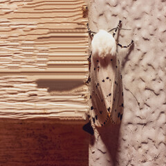 Closeup of a white painted cup moth on a wall in spring time
