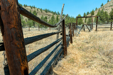 Remains of a corral at an abandoned ranch in central Oregon, USA