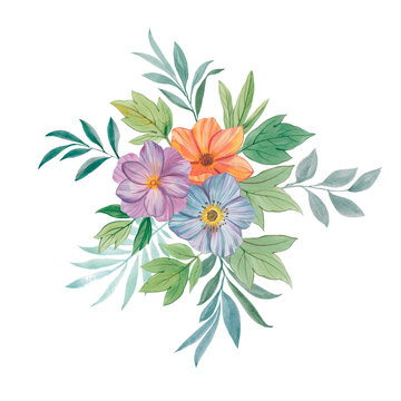 Watercolor bouquet of flowers and leaves for design. Painted flowers for invitations, cards and print.