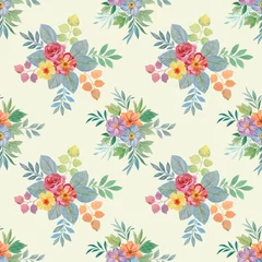 Fotobehang Seamless watercolor pattern. Art watercolor for design, packaging and printing. Bouquets of bright flowers on a light green background. © Sergei