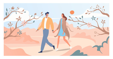Lovely couple walk springtime bloom tree and flower, lover male female stroll spring period garden flat vector illustration. Person resting national park, man woman hold hand romantic date. - obrazy, fototapety, plakaty