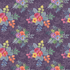 Seamless floral pattern. Art watercolor for design, packaging and printing. Bouquets of bright flowers on a blue background of leaves.