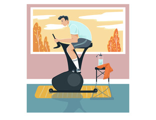 Male sportsman activity exercise bike, man character training stationary bicycle home isolated on white, flat vector illustration. Window autumn landscape view background, household sport exercise.