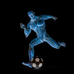 muscleman anatomy heroic body kicking the football ball in white background