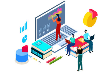 Concept online learn education, tiny character woman stand laptop man sitting book stack surf internet, 3d isometric vector illustration. Remote information, infographic tablet and stationery item.