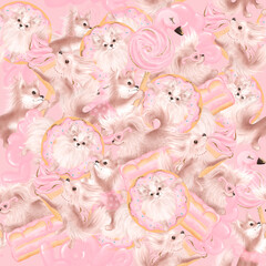 Cute dogs and sweets pink seamless pattern. 