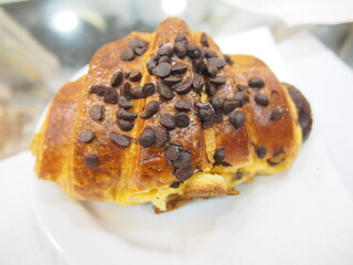 Bread with chocolate chips on it at the pastelier, Lisboa, Portugal