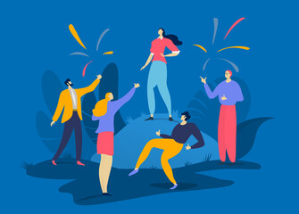 Character success female male, group people together congratulate best prosperous person isolated on blue, flat vector illustration. Compliment colleague to best worker, salute successful deal. - obrazy, fototapety, plakaty