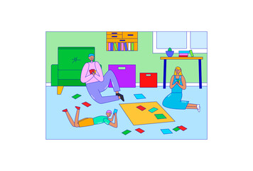 Young family play board game on floor, character people spend fun time isolated on white, line flat vector illustration art. Simple design living room, father mother and daughter gamble card match.