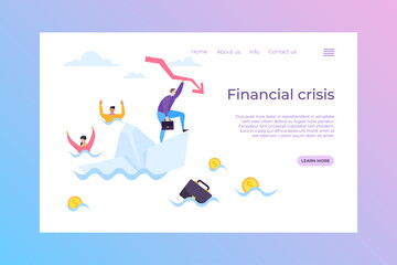 Finance crisis bankruptcy sinking company concept landing page flat vector illustration. Male character hold financial resource arrow, drowning people business company button home, info and contact.