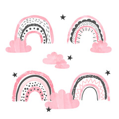 Pink watercolor hand drawn rainbows set. Vector  cute illustration for kids.