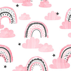 Motif harmonieux d& 39 arcs-en-ciel roses, de nuages et d& 39 étoiles. Illustration aquarelle vectorielle pour la conception des enfants