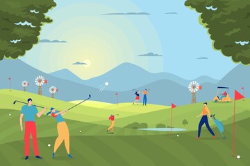 Obraz na płótnie Canvas Golf play people vector illustration. Participants spend leisure time doing sport on playing field. Girl hit ball with club. Player character move bag equipment and ride cartoon car.