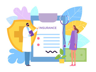 Healthcare medical insurance concept, vector illustration. Girl patient enters into agreement with personal attending physician. Man character talk about benefits, large document and money.