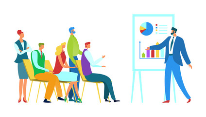 Meeting business training concept vector illustration. Group people receive vocational education. Speaker gives lecture for team successful employees. oach uses schedule and plan.