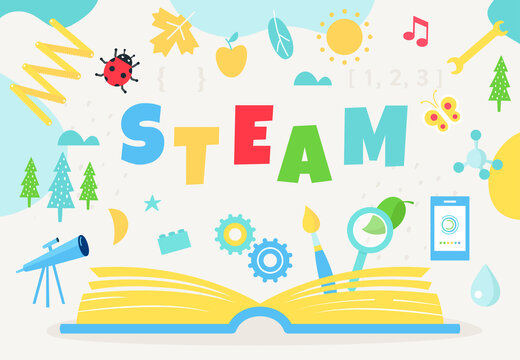 Open Book and STEAM sign. Science, Technology, Engineering, Art and Math Education Approach. Vector Design