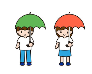 傘をさして並ぶ男の子と女の子