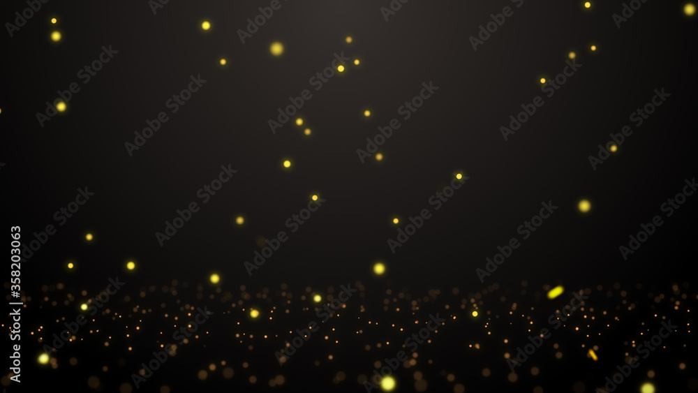 Poster shimmering particles with bokeh over black background.