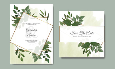 Fototapeta na wymiar Wedding invitation card template set with tropical leaves decoration Premium Vector