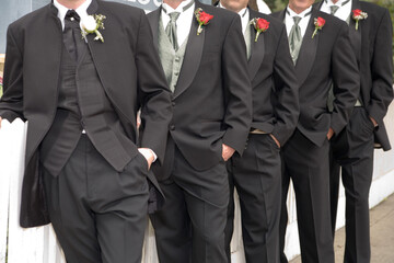 Five groomsmen in dark gray suits and red boutonnieres standing in a line