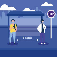 Social distancing between boys with masks at bus stop vector design