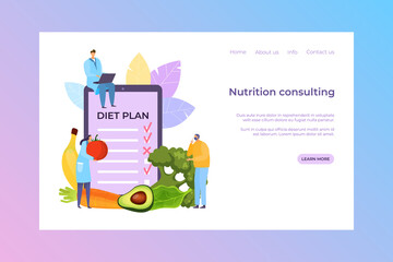 Nutrition consulting, diet plan vector illustration. Doctor people cartoon character consult patient about fresh meal, temaplate banner. Eat healthy flat food and loss calorie, ingridient for menu.
