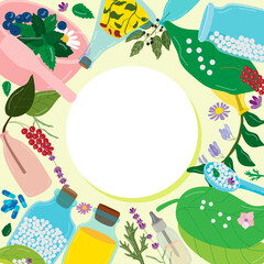 Fototapeta premium Colorful, homeopathic, seamless patern, bright medical background set different elements, design, flat style vector illustration. Organic, medicinal products. Medical template for printing on fabric.