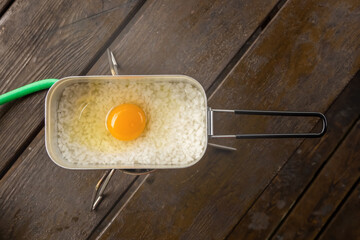おかゆ　Rice porridge made with aluminum outdoor pot