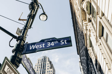 New York street. Empire State building street. 34th street. Center of Manhattan. 