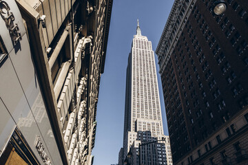 New York street. Empire State building street. 34th street. Center of Manhattan. 