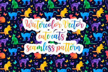 Colorful watercolor seamless pattern with cute cats and butterflies isolated on black background. vector eps10