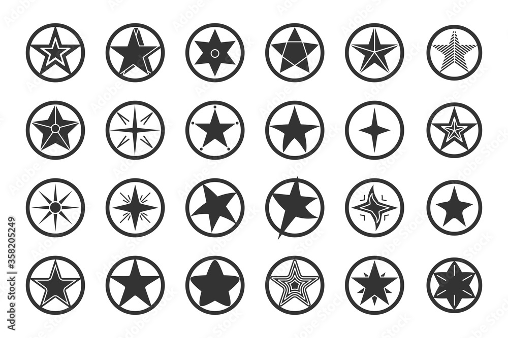 Poster star black in circle icon set. abstract template different shape stars. empty starry sign design log